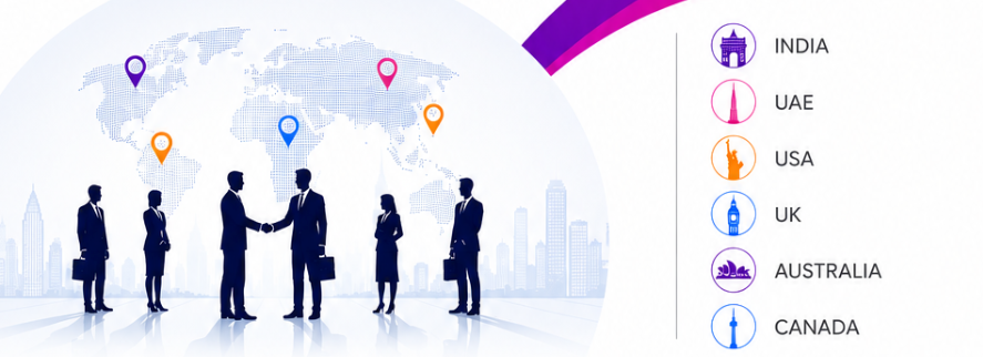 Global business presence across India, UAE, USA, UK, Australia, and Canada